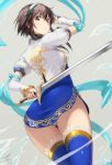  1girl ass blue_legwear blush breasts brown_eyes brown_hair chai_xianghua chinese_clothes closed_mouth commentary_request dress elbow_gloves from_behind gloves headband highres holding holding_sword holding_weapon legs_together looking_at_viewer looking_back panties pantyshot pantyshot_(standing) shiny shiny_hair short_hair simple_background skirt solo soul_calibur standing sword tea_(nakenashi) thigh-highs underwear upskirt weapon white_gloves white_panties 