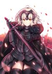  1girl ahoge black_armor black_cape black_gloves black_legwear blonde_hair cape chains fate/grand_order fate_(series) flower fur_trim gloves grin headpiece highres holding holding_sword holding_weapon jeanne_d&#039;arc_(alter)_(fate) jeanne_d&#039;arc_(fate)_(all) lokyin_house looking_at_viewer petals red_flower red_rose rose short_hair smile solo sword thigh-highs weapon white_background yellow_eyes 
