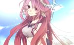  1girl angel_wings bad_id bad_pixiv_id breasts closed_mouth crop_top feathered_wings gloves hachimitsu_honey halo jibril_(no_game_no_life) large_breasts long_hair looking_at_viewer low_wings magic_circle midriff no_game_no_life pink_eyes pink_hair sideboob smile solo very_long_hair white_wings wing_ears wings 