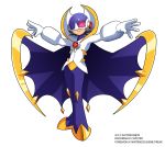  1boy alternate_costume artist_name bat_wings black_hair copyright_name cosplay crossover full_body gen_7_pokemon gloves helmet high_collar highres legs_together lunala lunala_(cosplay) netnavi outstretched_arms pokemon rockman rockman_exe rockman_exe_(character) shoutaro_saito smile solo standing white_gloves wings 