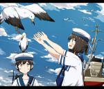  2girls :d animal animal_on_head any_(lucky_denver_mint) bird bird_on_head black_hair blue_sailor_collar blue_sky brown_eyes daitou_(kantai_collection) dress hat hiburi_(kantai_collection) kantai_collection looking_at_another multiple_girls on_head open_mouth outdoors outstretched_arms ponytail sailor_collar sailor_dress sailor_hat seagull short_hair short_ponytail short_sleeves sky smile white_hat 