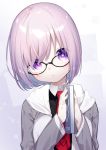  1girl bespectacled book bright_pupils fate/grand_order fate_(series) glasses gradient gradient_background grey_background holding holding_book lavender_hair looking_at_viewer mash_kyrielight necktie red_neckwear shirt short_hair solo tousaki_shiina upper_body violet_eyes white_background 