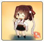  1girl bodysuit brown_eyes brown_hair clenched_hand commentary_request eyebrows_visible_through_hair hair_ribbon ise_(kantai_collection) japanese_clothes kantai_collection long_sleeves nontraditional_miko ponytail ribbon sandals sash short_hair skin_tight taisa_(kari) 