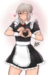  1girl airisubaka alternate_costume cleavage_cutout effie_(fire_emblem) enmaided eyebrows_visible_through_hair fire_emblem fire_emblem_if green_eyes grey_hair hair_bun heart heart_hands highres maid muscle muscular_female signature simple_background smile 