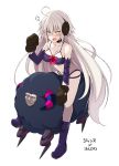  1girl ahoge beltbra blush boots bra breasts caster_(fate/zero) character_name choker detached_sleeves earmuffs embarrassed fate/grand_order fate_(series) grey_hair highres jeanne_d&#039;arc_(alter)_(fate) jeanne_d&#039;arc_(fate)_(all) large_breasts long_hair long_sleeves looking_at_viewer mittens oota_yuuichi open_mouth panties purple_bra purple_choker purple_footwear purple_panties simple_background solo underwear very_long_hair white_background yellow_eyes 