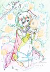  1girl :d antennae blouse bug bush cape colored_pencil_(medium) dated eyebrows_visible_through_hair firefly graphite_(medium) green_hair highres insect kneeling long_sleeves looking_at_viewer open_mouth pink_x red_eyes red_footwear shoes shorts smile socks solo touhou traditional_media wriggle_nightbug yellow_legwear 