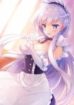  1girl :d apron azur_lane bangs belfast_(azur_lane) black_dress blurry blurry_background blush braid breasts chains cleavage collarbone commentary_request day depth_of_field dress dutch_angle elbow_gloves eyebrows_visible_through_hair frilled_apron frills glint gloves hair_between_eyes hand_on_own_chest hands_up highres jewelry large_breasts long_hair looking_away maid maid_headdress natsuki_marina open_mouth ring silver_hair sleeveless sleeveless_dress smile solo sparkle sunlight very_long_hair violet_eyes waist_apron wedding_band white_apron white_gloves 