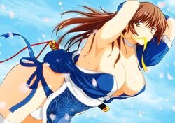  1girl blue_sky breasts brown_eyes brown_hair choker cleavage clouds comb dead_or_alive kasumi_(doa) kettsu large_breasts long_hair looking_at_viewer ninja panties pelvic_curtain petals ponytail sheath sheathed side-tie_panties sky solo sword thigh-highs underwear weapon white_legwear 