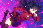  1girl :d bangs black_hair black_legwear black_ribbon black_skirt blue_eyes fate/stay_night fate_(series) gem hair_ribbon hand_on_hip leg_up light_particles long_hair looking_at_viewer magic_circle open_mouth parted_bangs pleated_skirt red_sweater ribbon shoes skirt smile solo sweater thigh-highs tohsaka_rin turtleneck turtleneck_sweater two_side_up yangsion zettai_ryouiki 