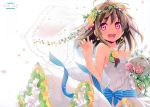  1girl absurdres blush bouquet breasts bridal_veil dress earrings eretto eyebrows_visible_through_hair flower highres holding holding_bouquet jewelry looking_at_viewer medium_breasts open_mouth original scan smile solo veil wedding_dress white_dress 