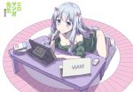  1girl bent_over blue_eyes blue_hair bow breasts cleavage commentary computer copyright_name english_commentary eromanga_sensei hair_bow hand_up izumi_sagiri kneeling kotatsu laptop long_hair medium_breasts mouse_(computer) naked_shirt red_bow shirt smile solo stylus table tablet tonee 