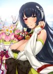  1girl bangs bare_shoulders black_hair blue_sky blush bouquet breasts bridal_gauntlets cleavage closed_mouth clouds commentary_request darkmaya day detached_sleeves dress eyebrows_visible_through_hair flower furisode green_dress green_eyes hair_between_eyes hair_ornament hair_ribbon hair_tubes hakama hand_up heterochromia holding holding_bouquet japanese_clothes jewelry kantai_collection kimono large_breasts long_hair long_sleeves looking_at_viewer low-tied_long_hair mizuho_(kantai_collection) obi ocean outdoors parted_lips red_eyes ribbon ring sash sidelocks sky sleeves_past_wrists smile solo very_long_hair wedding_ring 