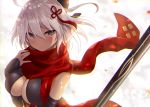  1girl bare_shoulders black_bow blush bow breasts cleavage expressionless fate/grand_order fate_(series) grey_eyes hair_bow large_breasts looking_at_viewer okita_souji_alter_(fate) red_scarf scarf short_hair solo sword tan upper_body weapon white_background white_hair yano_mitsuki 