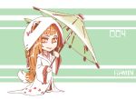  animal_ears artist_name brown_hair chibi closed_mouth commentary ears_through_headwear english_commentary fang fang_out green_background highres holding holo long_hair long_sleeves looking_at_viewer parasol ramenwarwok red_eyes robe sandals smile spice_and_wolf standing tail tumblr_username umbrella wide_sleeves wolf_ears wolf_tail yellow_eyes 