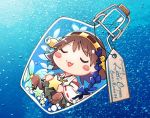  1girl blush_stickers bottle brown_hair chibi closed_eyes detached_sleeves flipped_hair green_skirt hairband headgear hiei_(kantai_collection) in_bottle in_container japanese_clothes kantai_collection nontraditional_miko ribbon-trimmed_sleeves ribbon_trim saki_(little_crown) short_hair skirt solo star underwater 