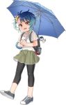  1girl :d akasaka_yuzu alternate_costume blue_hair brown_eyes fangs fukae_(kantai_collection) green_skirt holding holding_umbrella kantai_collection official_art open_mouth shirt shoes short_hair short_sleeves simple_background skirt smile sneakers solo teruterubouzu transparent_background umbrella v-shaped_eyebrows white_background white_shirt 