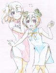  2girls :d bare_arms bare_shoulders blonde_hair blue_dress china_dress chinese_clothes colored_pencil_(medium) dated dress flower graphite_(medium) hair_flower hair_ornament hoshizora_rin kousaka_honoka leaning_forward limited_palette looking_at_viewer love_live! love_live!_school_idol_project multiple_girls one_eye_closed one_side_up open_mouth pink_dress pink_x short_hair short_sleeves smile standing traditional_media 