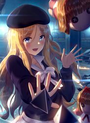  1girl :d bangs beret blonde_hair blue_eyes blue_hat blush bow bowtie button_eyes doll eyebrows_visible_through_hair eyes_visible_through_hair fire frenda_seivelun hair_between_eyes hair_strand hand_wave hat highres long_hair long_sleeves looking_at_viewer mikomiko_(mikomikosu) open_collar open_mouth parted_bangs sidelocks smile solo to_aru_kagaku_no_railgun to_aru_majutsu_no_index tossing upper_body white_bow 