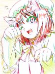  1girl animal_ears cat_ears cat_tail chen colored_pencil_(medium) dated eyebrows_visible_through_hair graphite_(medium) green_hat hat highres long_hair long_sleeves mob_cap multiple_tails nekomata one_eye_closed paw_pose pink_x red_eyes red_vest redhead shirt smile solo tail touhou traditional_media two_tails upper_body vest yellow_shirt 