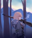  1girl aak bangs black_gloves blonde_hair blue_eyes blue_sky bolt_action breasts breath coat day eyebrows_visible_through_hair fur-trimmed_coat fur-trimmed_hood fur_trim girls_frontline gloves grey_coat gun hand_in_pocket highres holding holding_gun holding_weapon hood hood_down hooded_coat large_breasts long_sleeves mosin-nagant mosin-nagant_(girls_frontline) mountain necktie object_namesake outdoors over_shoulder profile red_neckwear rifle sky solo tree weapon weapon_over_shoulder 