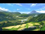 clouds day house letterboxed mountain no_humans non_non_biyori outdoors scenery sky terrace tree wallpaper windmill y.yamamoto