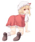  1girl :d all_fours ass blonde_hair bow brown_footwear commentary_request dress flandre_scarlet frilled_shirt_collar frills from_behind hair_between_eyes hat hat_bow loafers looking_at_viewer looking_back miyo_(ranthath) mob_cap no_wings open_mouth puffy_short_sleeves puffy_sleeves red_bow red_dress red_eyes shoes short_hair short_sleeves side_ponytail simple_background smile socks solo touhou white_background white_hat white_legwear 