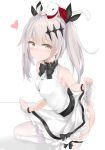  1girl absurdres ahoge alternate_costume alternate_hairstyle bare_arms bare_shoulders black_bow black_choker black_neckwear black_ribbon black_wristband blush bow bowtie breasts brown_eyes choker closed_mouth crescent_moon_earrings dress dress_lift eyebrows_visible_through_hair ferret five-seven_(girls_frontline) girls_frontline hair_bow heart heart-shaped_pupils highres jewelry lifted_by_self long_hair looking_at_viewer one_knee open_mouth ribbon ru_zhai shadow silver_hair single_earring skindentation sleeveless small_breasts smile solo symbol-shaped_pupils thigh-highs twintails underwear white_background white_dress white_legwear wristband younger 