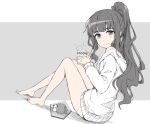  1girl bangs bare_legs barefoot blue_eyes closed_mouth commentary cup english_commentary eyebrows_visible_through_hair grey_background grey_hair hedgehog holding long_hair long_sleeves looking_at_viewer looking_back naked_sweater new_game! off_shoulder ponytail simple_background smile solo steam sweater takimoto_hifumi tonee very_long_hair 