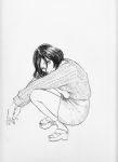 1girl closed_mouth greyscale hair_between_eyes highres looking_at_viewer monochrome nikaidou_kou original sandals short_hair skirt solo squatting sweater 