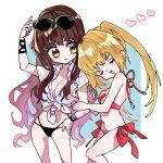  2girls arm_hug ayatsuku82 bikini black_bikini_bottom breasts brown_eyes brown_hair cleavage closed_eyes commentary eyewear_on_head fate/extra fate/grand_order fate_(series) hand_on_hip kishinami_hakuno_(female) long_hair looking_at_another multiple_girls nero_claudius_(fate)_(all) nero_claudius_(swimsuit_caster)_(fate) open_mouth red_bikini saber_extra smile striped striped_bikini sunglasses swimsuit twintails very_long_hair yuri 