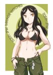  1girl 505th_joint_fighter_wing bangs bikini black_bikini black_hair bracelet breasts cleavage closed_mouth collarbone commentary constantia_cantacuzino dog_tags english green_background green_pants hand_on_hip highleg highleg_bikini highres jewelry light_frown long_hair looking_at_viewer medium_breasts navel outside_border pants solo standing string_bikini swept_bangs swimsuit unbuttoned_pants wan&#039;yan_aguda world_witches_series yellow_eyes 