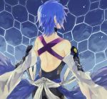  1girl aqua_(kingdom_hearts) backless_outfit bare_shoulders black_jumpsuit blue_hair detached_sleeves from_behind jumpsuit kingdom_hearts kingdom_hearts_birth_by_sleep long_sleeves ramochi_(auti) short_hair solo turtleneck wide_sleeves 