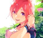  1girl :d bangs breasts hair_between_eyes hand_in_hair hand_up jewelry kairi_(kingdom_hearts) kingdom_hearts kingdom_hearts_ii leaf medium_breasts medium_hair necklace open_mouth plant ramochi_(auti) redhead smile solo teeth upper_body violet_eyes 
