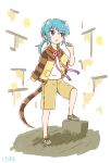  1girl adapted_costume black_eyes blue_hair commentary_request eyebrows_visible_through_hair full_body highres jacket_on_shoulders kemono_friends long_hair looking_away low_twintails open_mouth ribbon shiraha_maru shorts snake_tail solo tail tsuchinoko_(kemono_friends) twintails 