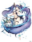  1girl absurdres anchor_symbol anklet aqua_eyes barefoot bracelet chains cuffs fins flail frown full_body hand_on_own_cheek highres jewelry ji_no long_hair navel ningyo_hime_(sinoalice) official_art puffer_fish purple_hair revealing_clothes shackles sinoalice solo thigh_strap very_long_hair water weapon white_background 