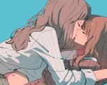  2girls brown_hair closed_eyes commentary_request green_background hug kiss long_hair long_sleeves multiple_girls navel open_clothes open_shirt original sou_(tuhut) unbuttoned yuri 
