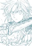  1boy armor artist_name closed_mouth frown gauntlets greyscale harumiya holding holding_sword holding_weapon looking_at_viewer meliodas monochrome nanatsu_no_taizai sword upper_body weapon 