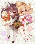  2girls :d animal_ears ankle_boots antlers bag bangs big_hair black_vest blonde_hair blush boot_bow boots bow brown_eyes brown_footwear brown_hair brown_skirt chino_machiko fang fur_collar holding kemono_friends lion_(kemono_friends) lion_ears lion_tail long_sleeves looking_at_viewer moose_(kemono_friends) moose_ears moose_tail multiple_girls one_eye_closed open_mouth pantyhose pleated_skirt red_bow red_skirt ribbon shirt shoes short_hair skirt slit_pupils smile tail thigh-highs vest white_legwear white_shirt wristband yellow_eyes 