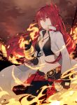  bangs blazing_heart_(elsword) breasts cleavage coat commission elesis_(elsword) elsword fire highres jewelry lilianei long_hair navel necklace ponytail red_eyes redhead sky upper_body 