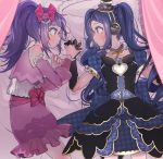  2girls bangs black_gloves black_hair blush braid detached_collar detached_sleeves dress elbow_gloves flower frilled_pillow frilled_skirt frills galala_s_leep gloves hair_flower hair_ornament hair_ribbon hanazono_shuuka hand_holding hat headphones heart idol_time_pripara long_hair looking_at_another lying mini_hat mini_top_hat mpmpgnz multiple_girls on_back on_bed on_side pillow pink_flower pink_ribbon pink_rose pink_skirt ponytail pripara purple_hair ribbon rose short_sleeves sidelocks skirt smile star top_hat twintails yellow_eyes yuri 