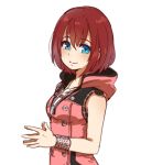  1girl bangs blue_eyes breasts buttons closed_mouth dress eyebrows_visible_through_hair hair_between_eyes hands_together hood jewelry kairi_(kingdom_hearts) kingdom_hearts kingdom_hearts_iii looking_at_viewer medium_breasts meka_(77111994) necklace pink_dress redhead simple_background sleeveless sleeveless_dress smile solo white_background zipper zipper_pull_tab 