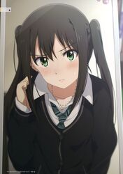  1girl absurdres alternate_hairstyle blush brown_hair cardigan frown green_eyes highres idolmaster idolmaster_cinderella_girls jewelry long_hair looking_at_viewer mirror necklace necktie ogipote scan school_uniform shibuya_rin solo twintails twintails_day 