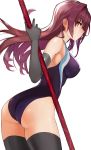  1girl absurdres ass bare_shoulders breasts commentary_request competition_swimsuit elbow_gloves fate/grand_order fate_(series) gae_bolg gloves highres large_breasts long_hair looking_at_viewer looking_back one-piece_swimsuit purple_hair red_eyes scathach_(fate/grand_order) solo swimsuit tani_wataru thigh-highs white_background 