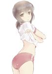  1girl ass brown_hair buruma cowboy_shot eyebrows_visible_through_hair fubuki_(kantai_collection) green_eyes highres kantai_collection looking_at_viewer looking_back low_twintails red_buruma shirt short_sleeves simple_background solo standing twintails undressing wa_(genryusui) white_background white_shirt 