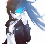  bikini_top black_hair black_rock_shooter black_rock_shooter_(character) blue_eyes burning_eye coat glowing glowing_eye huke instagram long_hair midriff pale_skin scar twintails uneven_twintails 