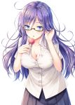  1girl adjusting_hair akashio_(loli_ace) black-framed_eyewear black_skirt blue_eyes blush breasts candy cleavage collarbone commentary_request eyebrows_visible_through_hair food glasses highres lollipop long_hair looking_at_viewer medium_breasts open_mouth original partially_unbuttoned purple_hair semi-rimless_eyewear shirt simple_background skirt solo under-rim_eyewear white_background white_shirt 