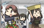  3girls :3 blue_sailor_collar blue_skirt brown_eyes brown_hair brown_hakama chiyoda_(kantai_collection) closed_eyes dated green_hair hair_between_eyes hakama hakama_skirt hamu_koutarou highres holding isonami_(kantai_collection) japanese_clothes kantai_collection long_hair long_sleeves multiple_girls muneate one_eye_closed open_mouth pleated_skirt remodel_(kantai_collection) sailor_collar school_uniform serafuku short_hair short_sleeves skirt smile tasuki twintails zui_zui_dance zuikaku_(kantai_collection) 