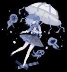  1girl blue_eyes blue_hair braid dress full_body hair_over_one_eye jellyfish looking_down original short_hair twin_braids twintails umbrella yanafle 