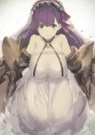  1girl absurdres bangs bare_shoulders breasts bridal_veil cleavage closed_mouth dress eyebrows_visible_through_hair fate/extra fate/extra_ccc fate_(series) hair_ribbon halterneck highres kumamoto_nomii-kun large_breasts long_hair looking_at_viewer passion_lip petals pink_eyes pink_ribbon purple_hair ribbon smile solo straight_hair veil wedding_dress white_dress 