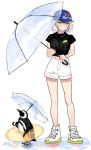  1girl bird blue_hat blush buun_ko closed_mouth green_eyes hat highres holding holding_innertube holding_umbrella innertube looking_at_viewer original penguin shoes short_hair short_sleeves smile sneakers solo umbrella white_hair 